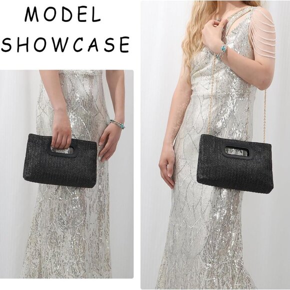 Woven Straw Clutch Handbag Top Handle Crossbody Beach Summer Bag for Women - Picture 6 of 7